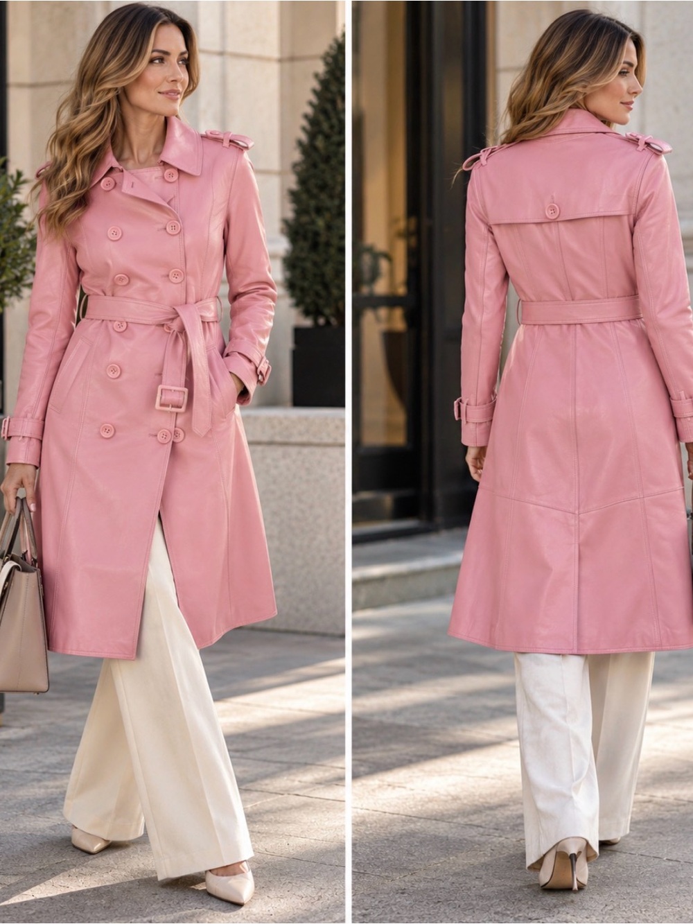 GoAloneWithALU 100% Sheepskin Leather Pink Trench Coat Belted Double Breasted